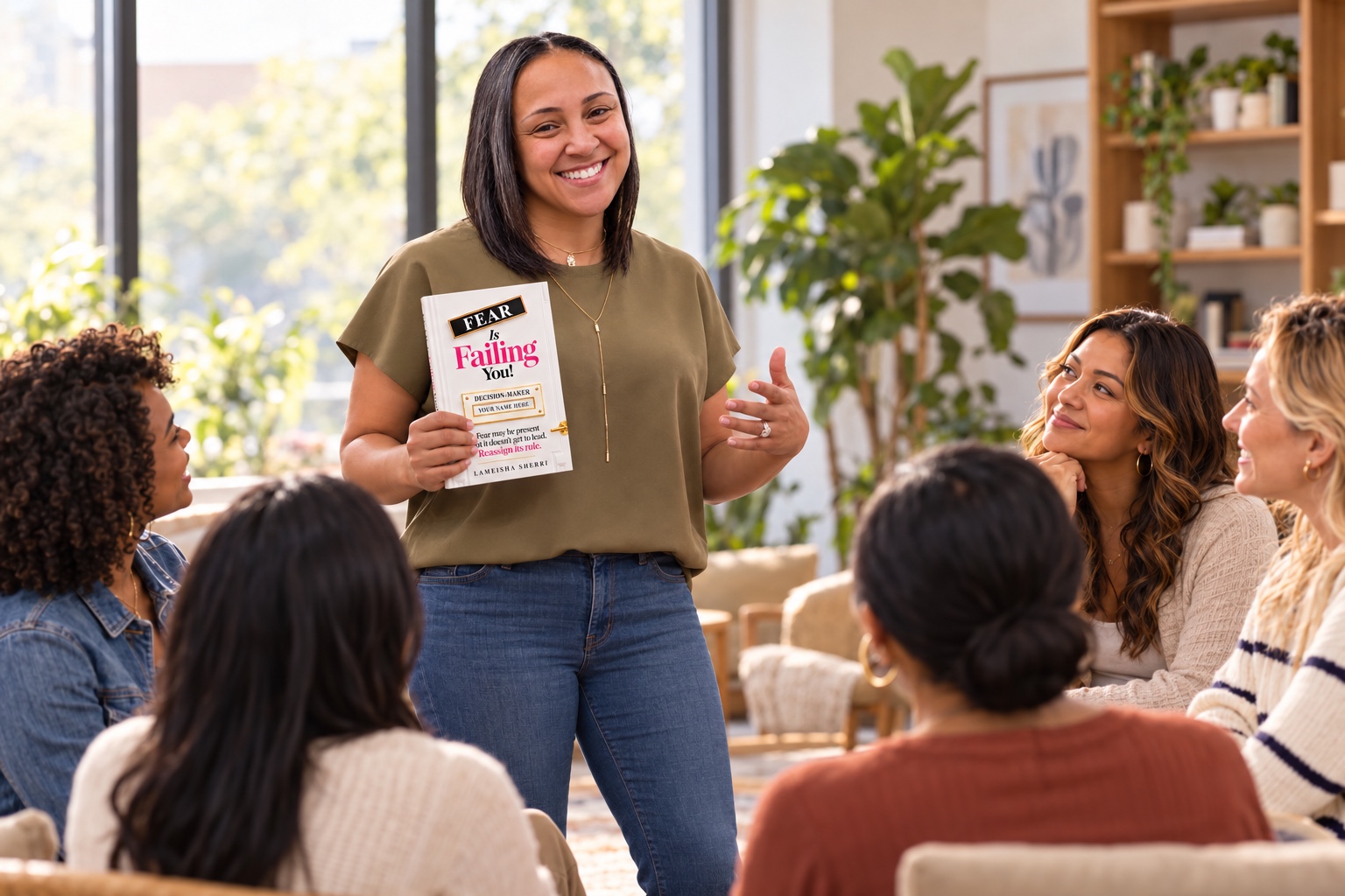 Lameisha Sherri holding FEAR Is Failing You! while speaking to an attentive group of women.